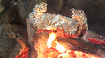 Ett foliepaket med mat i (en hajkbomb) ligger i en glödande eld. Fotograf : Per Hedberg 